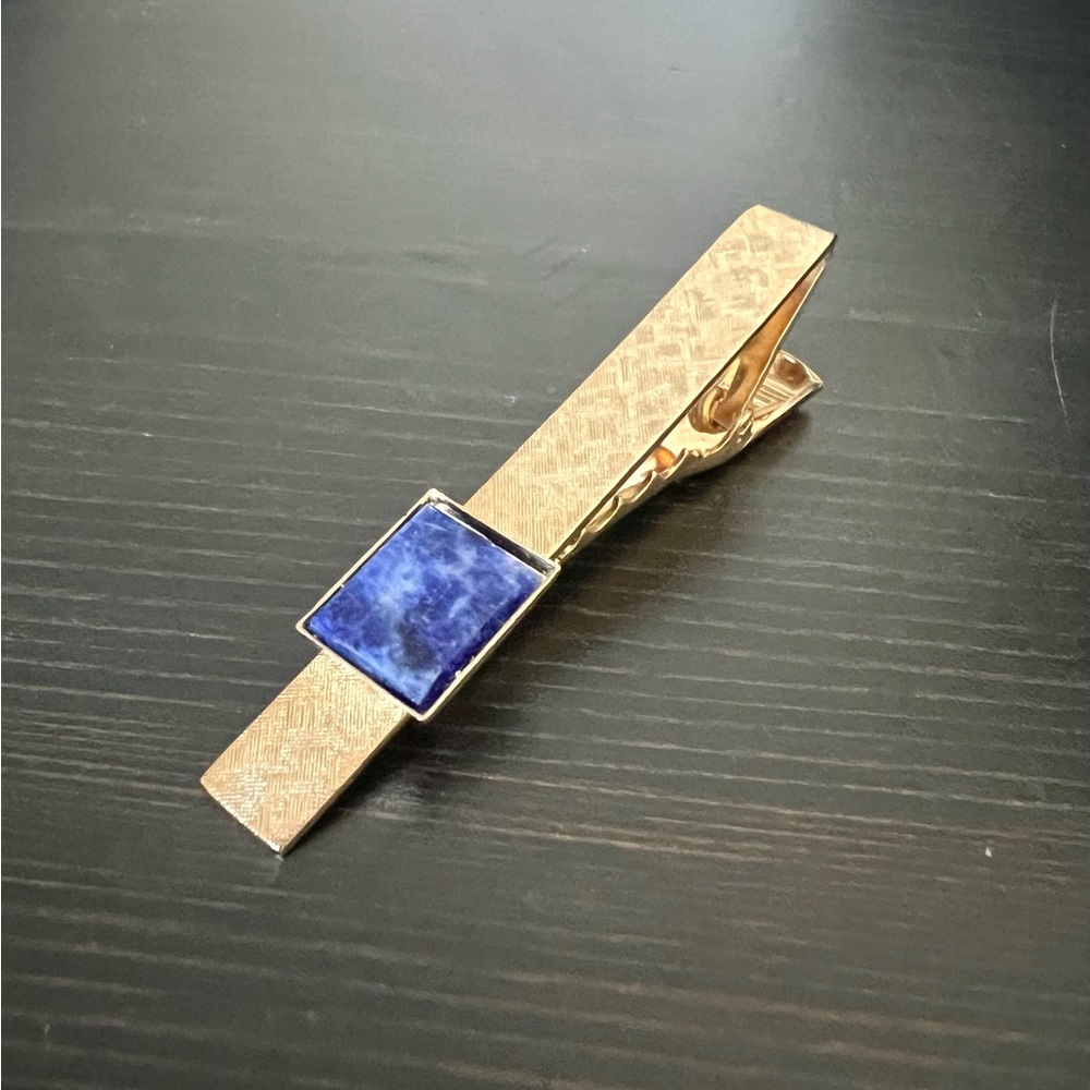 Blue Marble Stone-  Gold Tie Clip
